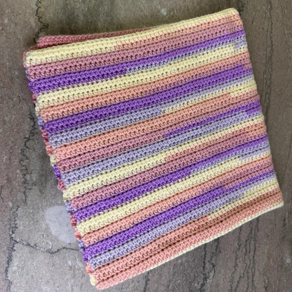 Pastel Purple Peach Blue Yellow Crochet Crib Baby Blanket, Extra Soft, 28 X 28